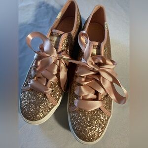 Keds Kate Spade Sparkling Rose Gold Sneakers with Satin Ribbons New Size 7